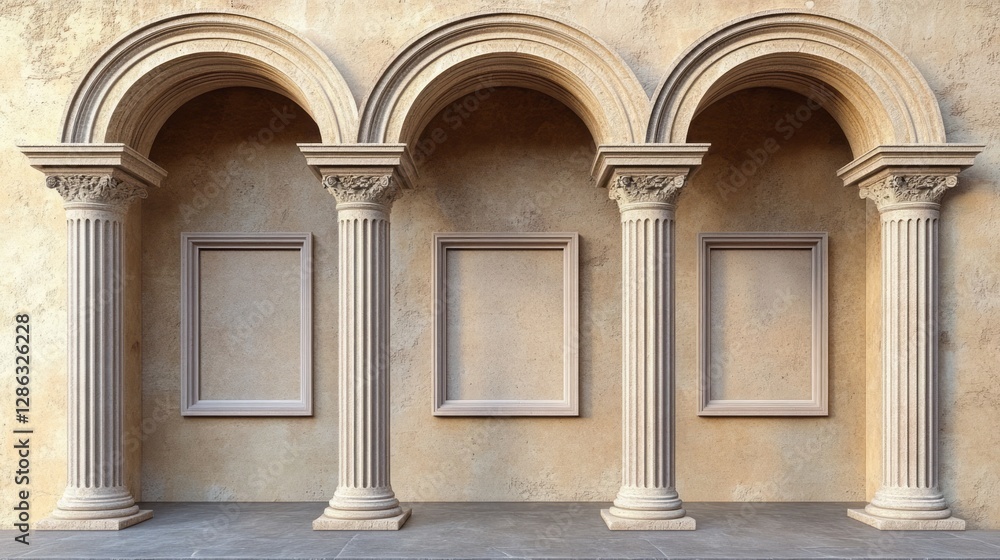 Naklejka premium Three arched alcoves with framed empty spaces and corinthian columns