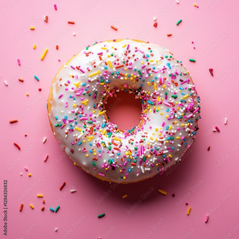 Professional stock photo of a Sweet donuts with colorful sprinkles on a pastel pink background Professional stock photo of a Sweet donuts with colorful sprinkles on a pastel pink background