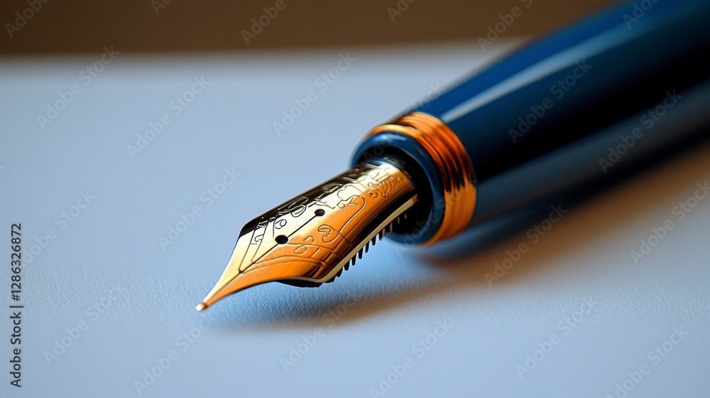 Blue fountain pen on white paper, close-up Blue fountain pen on white paper, close-up