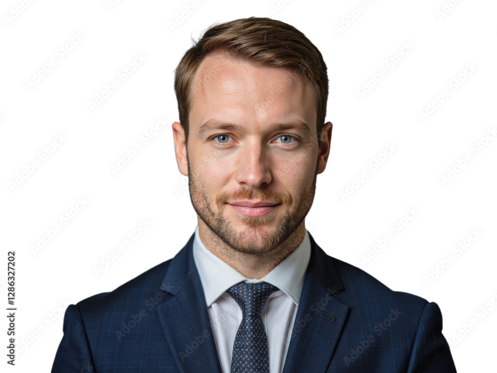 A well-dressed man in a dark suit and tie poses against a transparent background A well-dressed man in a dark suit and tie poses against a transparent background