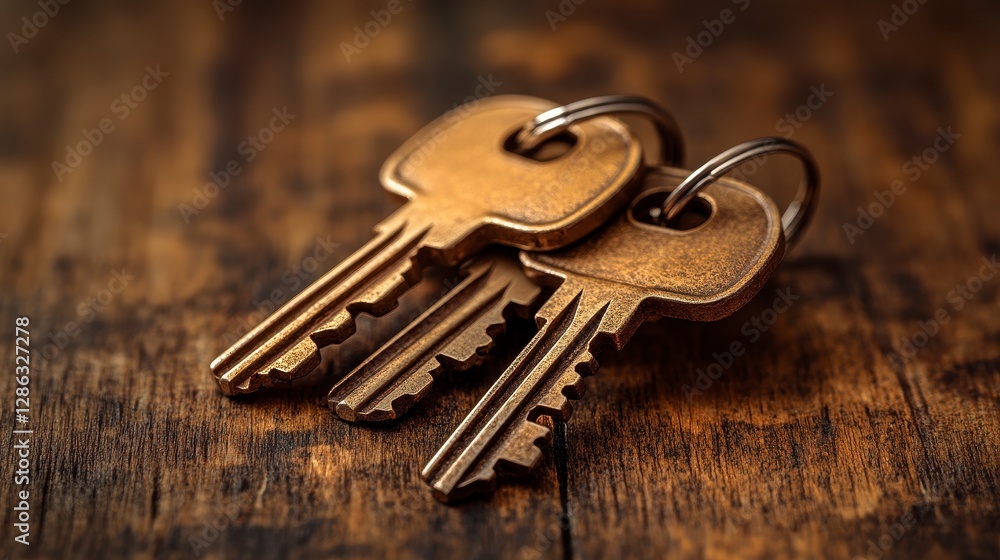 Brass keys on wooden table, home security concept Brass keys on wooden table, home security concept