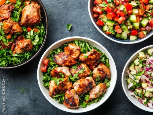 Delicious Mediterranean chicken salad bowls with fresh greens chickpeas and colorful vegetables in healthy gourmet presentation for vibrant food photography and culinary inspiration photo