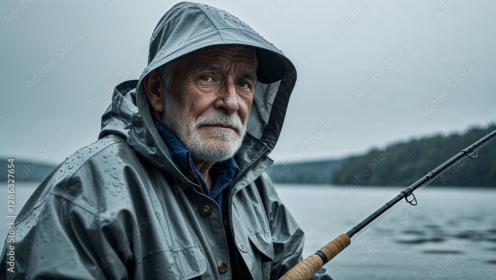 An elderly man fishing in a raincoat by a lake in closeup portrait on a plain light gray background An elderly man fishing in a raincoat by a lake in closeup portrait on a plain light gray background