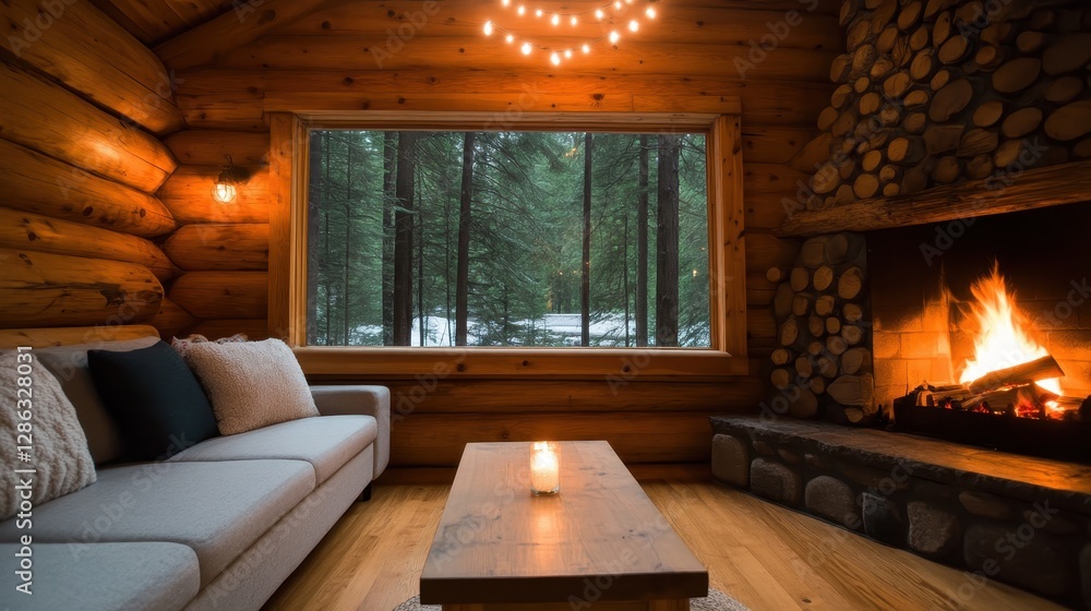 A tranquil living room featuring a stylish sofa by a warm fireplace, illuminated by soft lights, offering a serene view of a winter landscape outside the large window. A tranquil living room featuring a stylish sofa by a warm fireplace, illuminated by soft lights, offering a serene view of a winter landscape outside the large window.