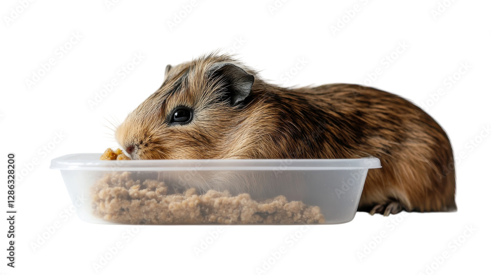 Cute small animal enjoying a meal in a clear container on a bright surface during daylight