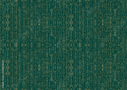Hand-drawn unique abstract symmetrical seamless gold ornament on a dark cold green background. Paper texture. Digital artwork, A4. (pattern: p14b)