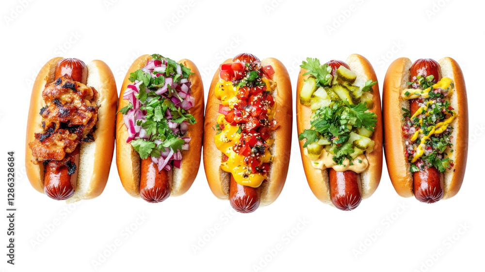 Colorful arrangement of gourmet hot dogs with various toppings presented on a white background for a summer barbecue