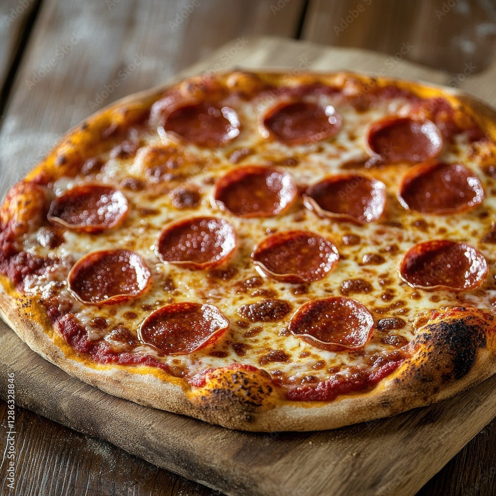 Professional stock photo of a Freshly baked pepperoni pizza with gooey cheese on a rustic board Professional stock photo of a Freshly baked pepperoni pizza with gooey cheese on a rustic board