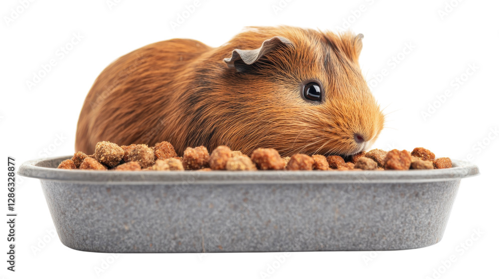 Cute guinea pig resting beside a tray filled with colorful pellets in a well-lit environment during daylight