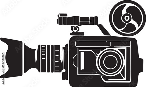 A black and white logo type movie camera silhouette design - film production camera silhouette design