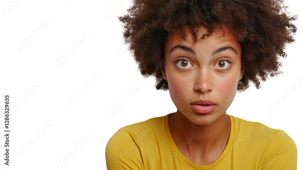 Young woman with curly hair showcases a surprised expression against a neutral backdrop in a bright yellow top
