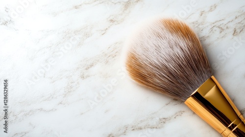 A beautifully crafted makeup brush sits elegantly on a smooth surface, highlighting its fine bristles and luxurious design, perfect for beauty enthusiasts and professionals.