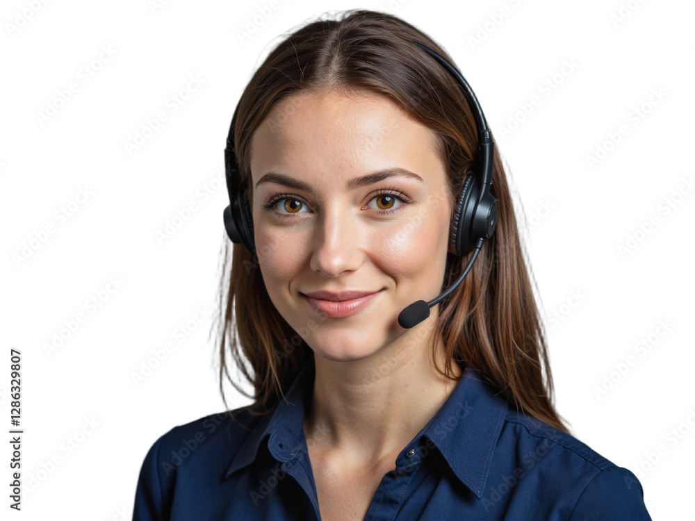 A young woman with brown hair wearing a dark blue shirt and a headset, standing against a transparent background A young woman with brown hair wearing a dark blue shirt and a headset, standing against a transparent background