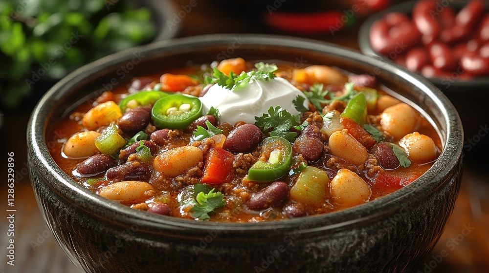 Hearty Chili in Bowl on Wooden Table Hearty Chili in Bowl on Wooden Table