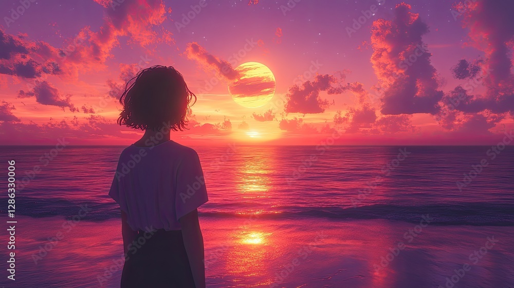 Fototapeta premium Girl Watching Vibrant Sunset Ocean Beach Scene
