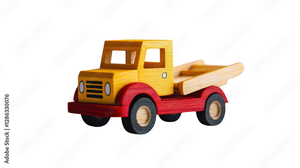 Colorful wooden toy truck designed for children play, showcasing vibrant colors and classic design elements in a playful setting