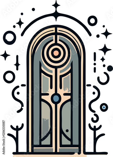 An artistic illustration of a mystical arched door adorned with intricate geometric and celestial patterns. The door emits a magical aura, surrounded by floating cosmic symbols and abstract sparkles