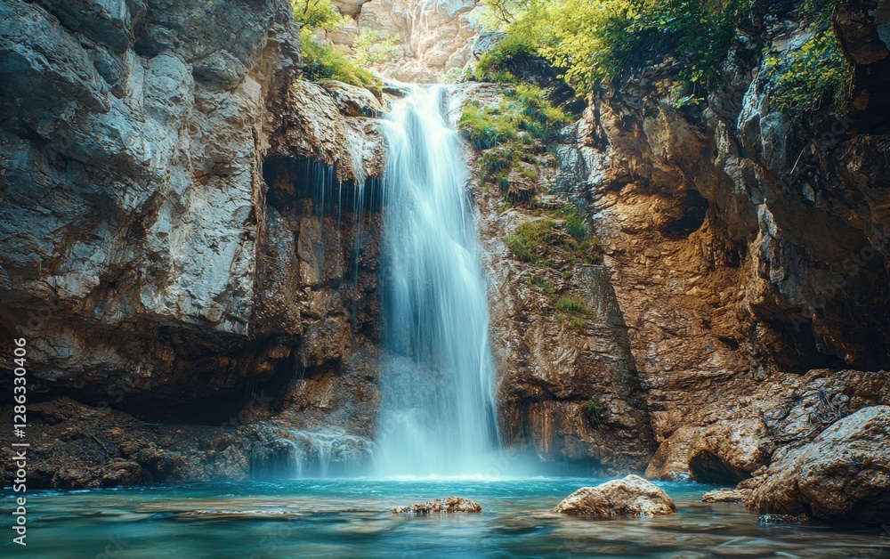 Fototapeta premium Professional stock photo of a Rushing Waterfall Cascading Down a Rocky Cliffside