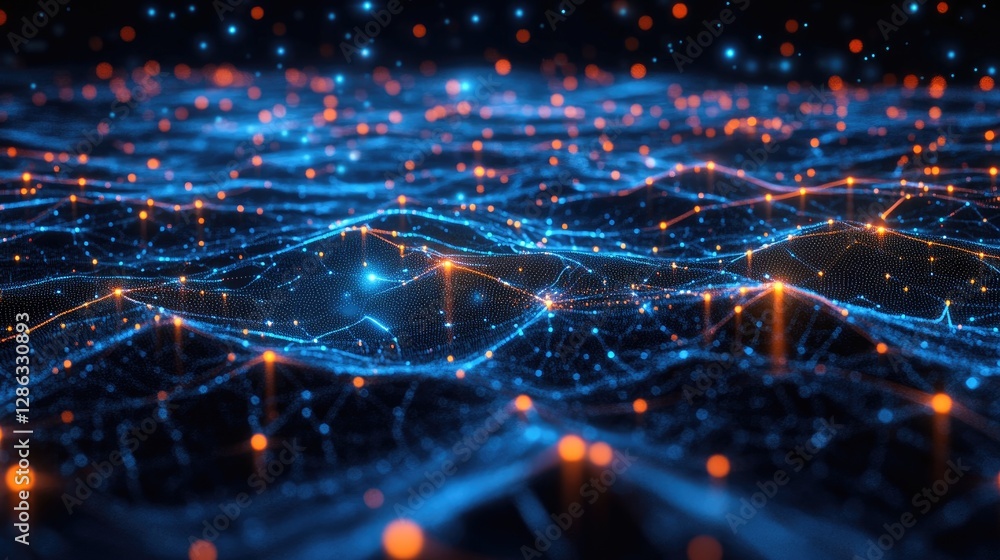 Abstract Digital Landscape, A Network of Glowing Nodes and Connections Abstract Digital Landscape, A Network of Glowing Nodes and Connections
