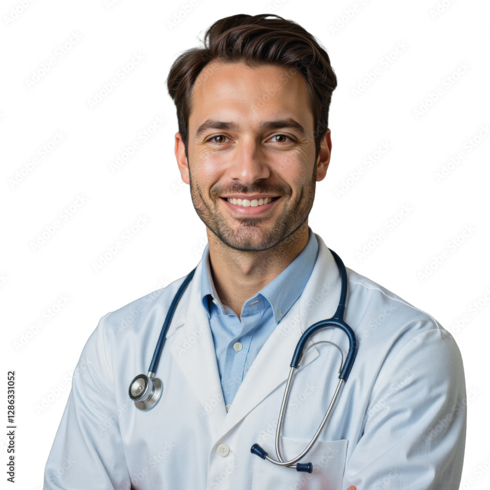 A male healthcare professional is standing against a transparent background A male healthcare professional is standing against a transparent background