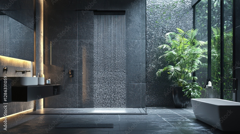 Luxurious Modern Bathroom Design with Waterfall Shower and Tropical Plants Luxurious Modern Bathroom Design with Waterfall Shower and Tropical Plants