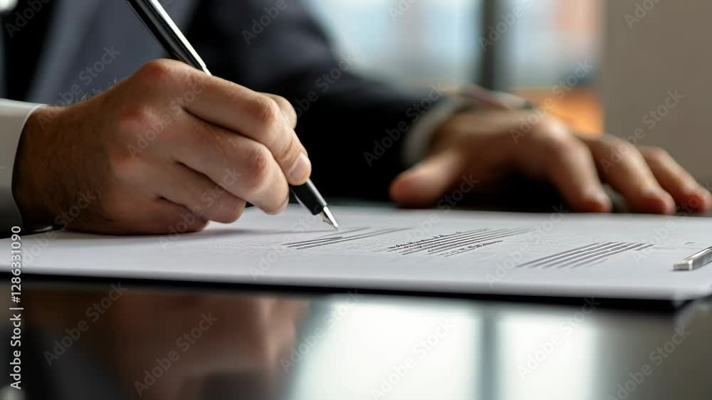 Businessperson signing documents on glass table in modern office setting Businessperson signing documents on glass table in modern office setting