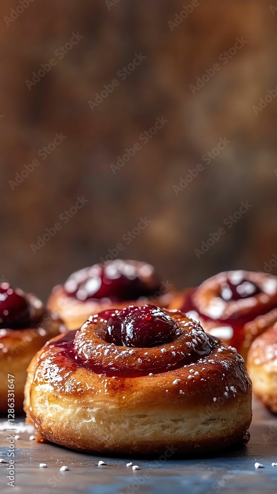 A hyper-realistic cinematic shot of four cinnamon rolls with cherries Delicious sweet pastries with fruity filling. A hyper-realistic cinematic shot of four cinnamon rolls with cherries Delicious sweet pastries with fruity filling.