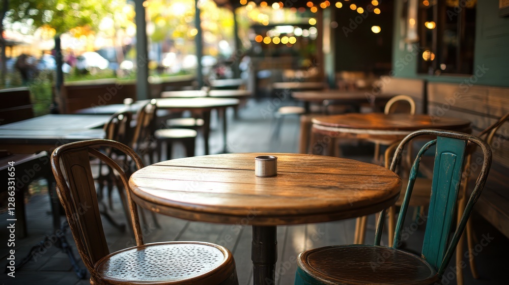 Outdoor dining setup featuring neatly arranged tables and chairs in front of a restaurant, creating a welcoming atmosphere for patrons. Outdoor dining setup featuring neatly arranged tables and chairs in front of a restaurant, creating a welcoming atmosphere for patrons.