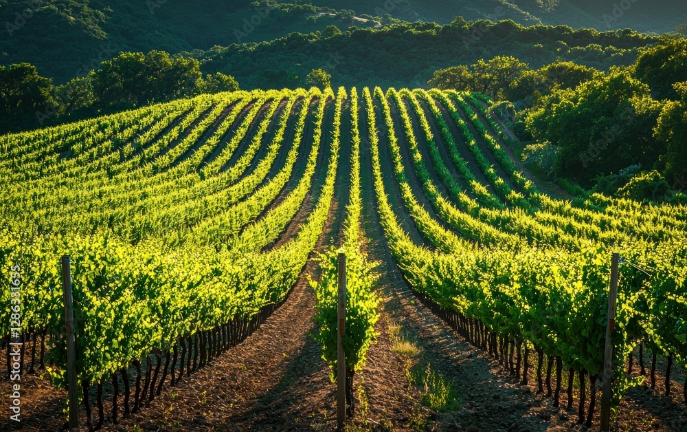 Fototapeta premium Professional stock photo of a Scenic Vineyard with Rows of Lush Green Grapevines
