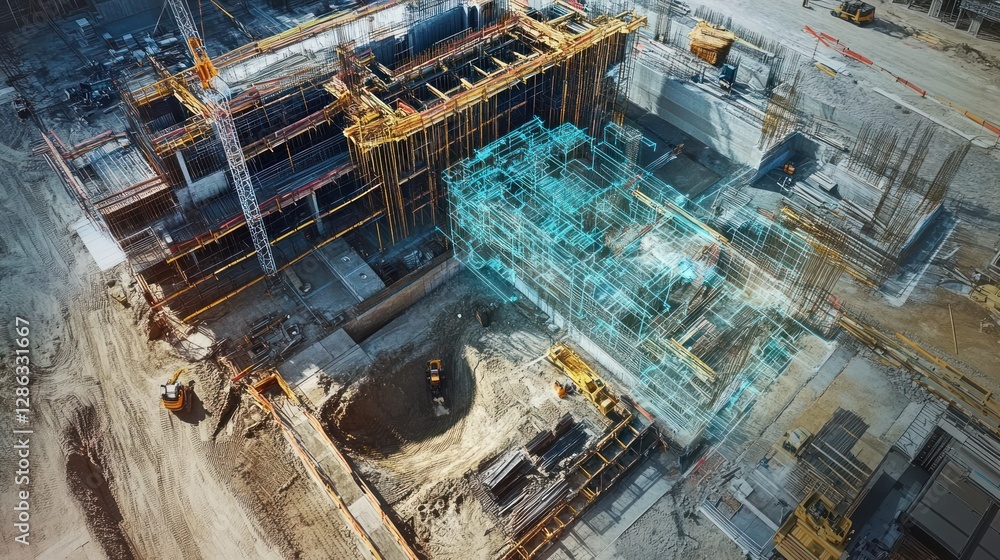 Aerial view of a construction site with a superimposed digital building model. Aerial view of a construction site with a superimposed digital building model.