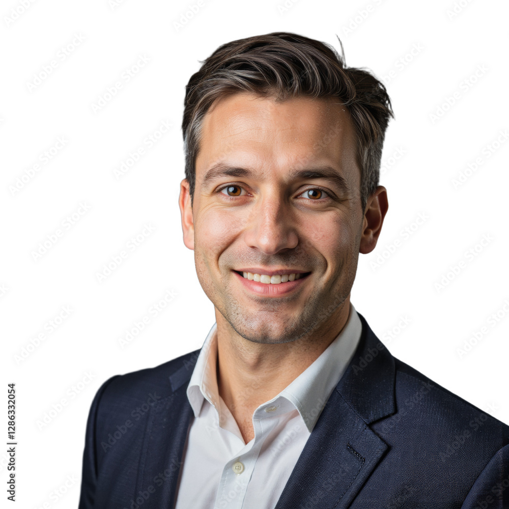 A professional male wearing a dark suit and white shirt poses for a portrait with a plain transparent background. A professional male wearing a dark suit and white shirt poses for a portrait with a plain transparent background.