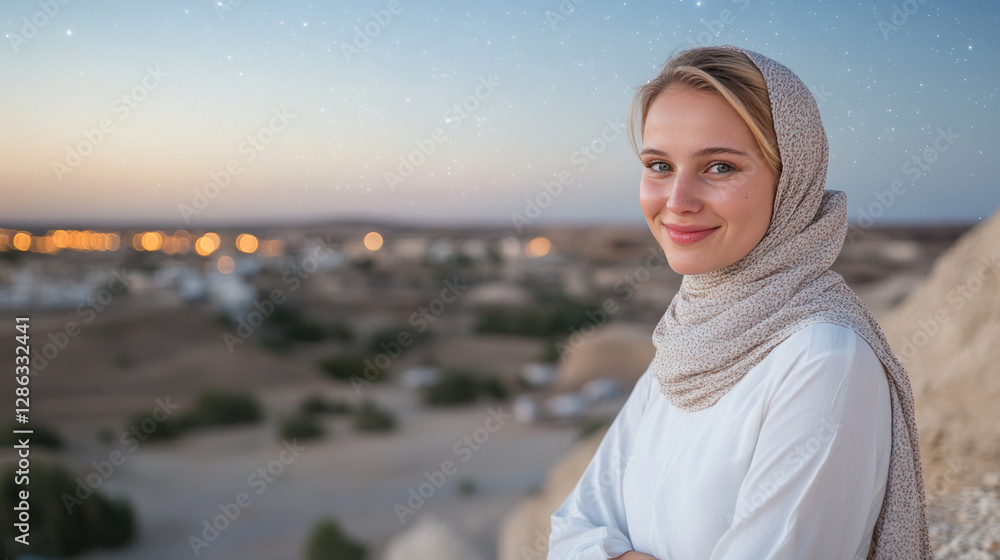 German woman wearing traditional Muslim hijab with star light for Eid al-Adha mubarak background
