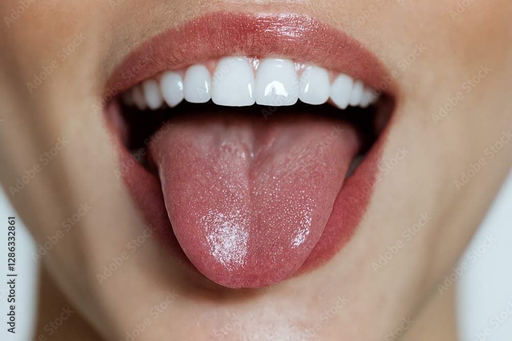 Obraz premium La imagen muestra una boca abierta con una lengua afuera y dientes blancos, destacando la expresión del rostro.