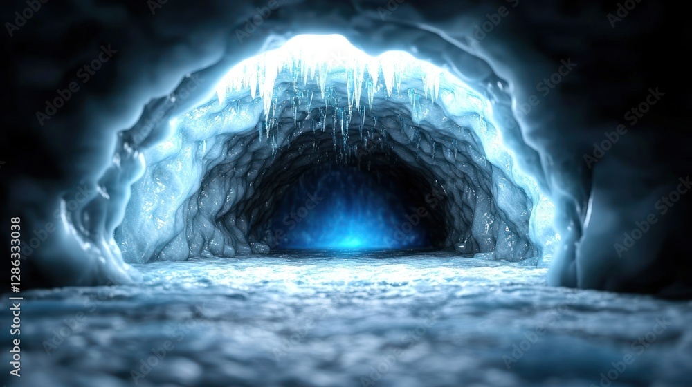 Obraz premium Icy cave with shimmering blue light illuminating the frozen interior and stalactites
