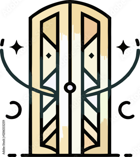 A minimalist yet enchanting illustration of a mystical doorway adorned with celestial symbols, including stars and crescent moons.