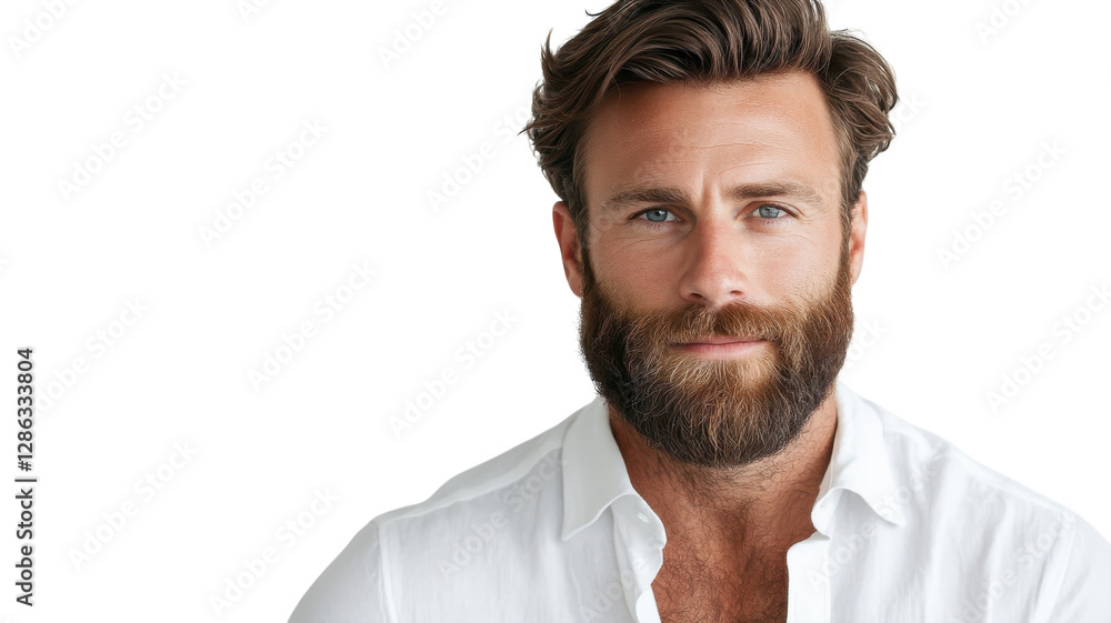 Man with thick beard and stylish hair poses confidently against a white background in a casual button-up shirt Man with thick beard and stylish hair poses confidently against a white background in a casual button-up shirt