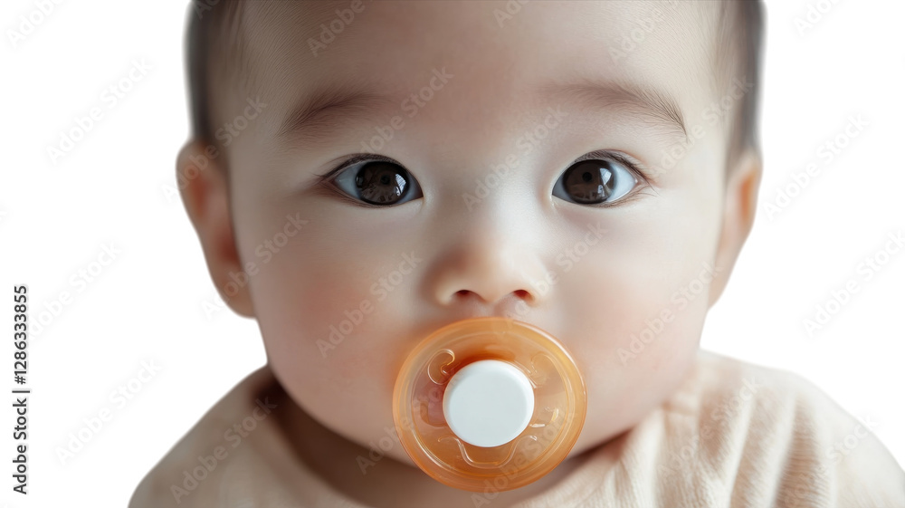 Baby with pacifier looking directly at the camera against a plain background in a bright and cheerful setting