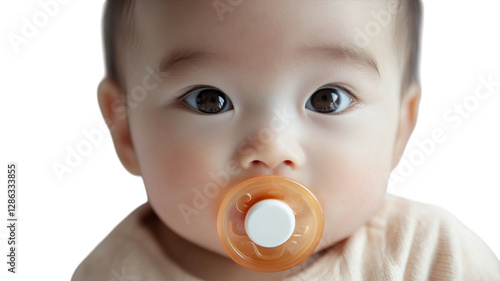 Obraz na płótnie Baby with pacifier looking directly at the camera against a plain background in a bright and cheerful setting w salonie