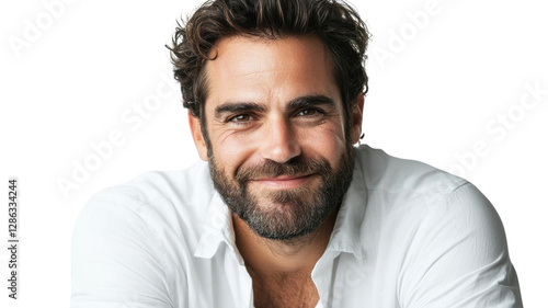 Obraz na płótnie Smiling man with a beard in a light shirt enjoying the moment against a plain backdrop w salonie