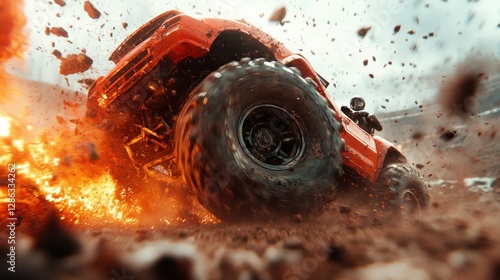 An off-road vehicle charging through a rugged terrain, kicking up dust and debris, showcasing power and adventure in an explosive outdoor environment. photo