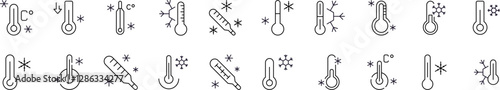 Thermometer and Snow Line Icon Collection. Outline Signs for Graphic and Web Design, Apps, Adverts, Various Cards