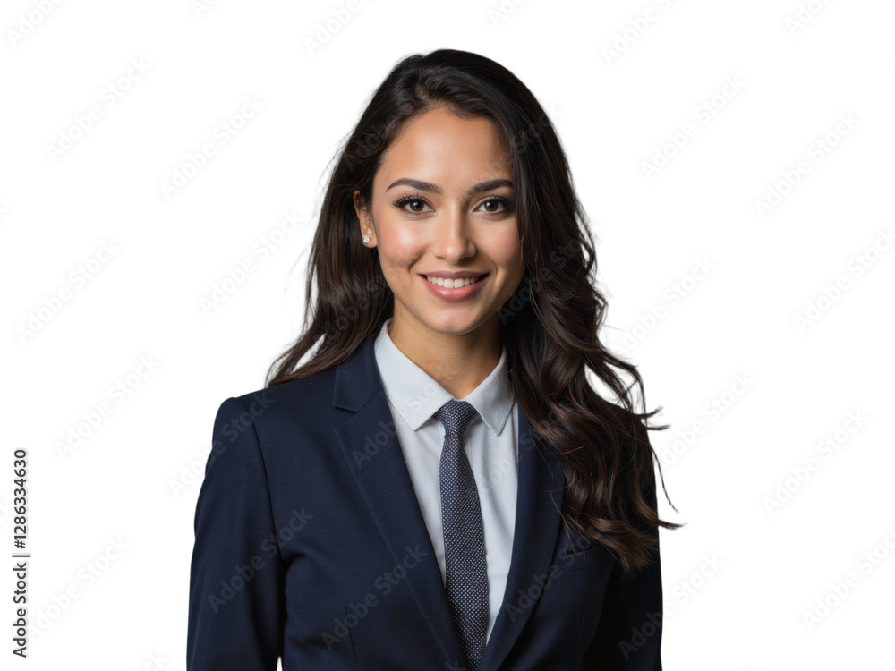 A woman in a professional navy suit stands against a transparent background A woman in a professional navy suit stands against a transparent background