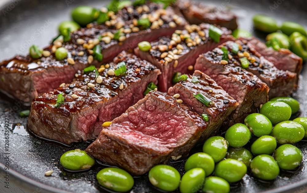 Sliced sirloin steak with soy ginger splashes and steamed edamame on a soft lavender background Sliced sirloin steak with soy ginger splashes and steamed edamame on a soft lavender background