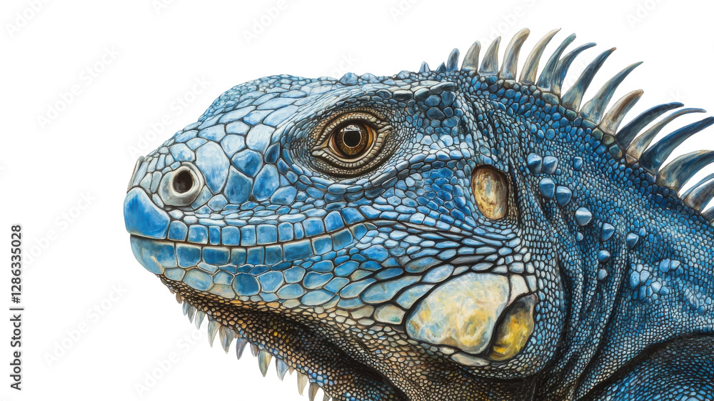 Close-up of a Blue Iguana exhibiting vibrant colors and intricate details in its scales against a white background