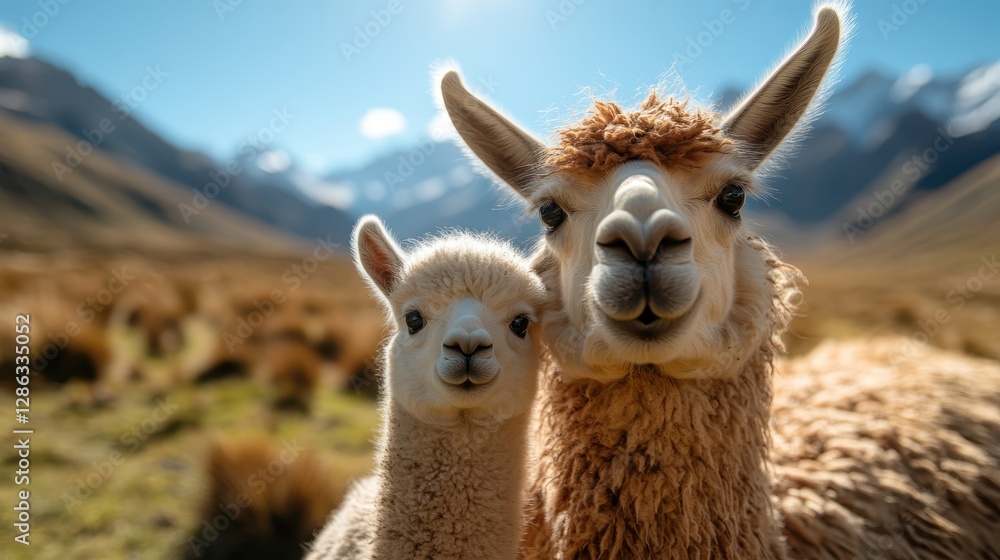 Obraz premium A heartwarming scene of a mother llama and her cria, showcasing their gentle expressions against a breathtaking mountainous backdrop that conveys a sense of tranquility.