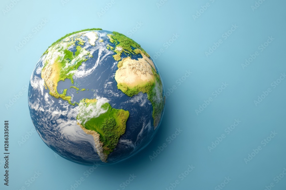 Planet Earth floating against soft blue background environmental awareness global sustainability ecological responsibility delicate lighting space perspective artistic composition Planet Earth floating against soft blue background environmental awareness global sustainability ecological responsibility delicate lighting space perspective artistic composition
