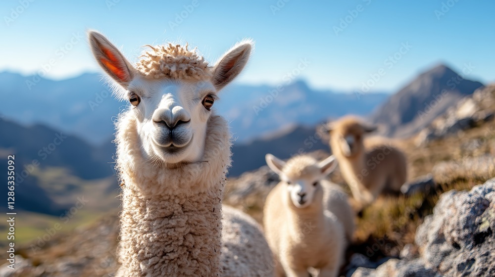 Obraz premium An engaging image featuring playful llamas with a stunning mountain backdrop, perfectly capturing the essence of nature's beauty and the joy of these lovable creatures.
