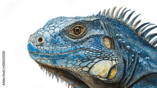 Obraz na płótnie Close-up of a Blue Iguana exhibiting vibrant colors and intricate details in its scales against a white background w salonie