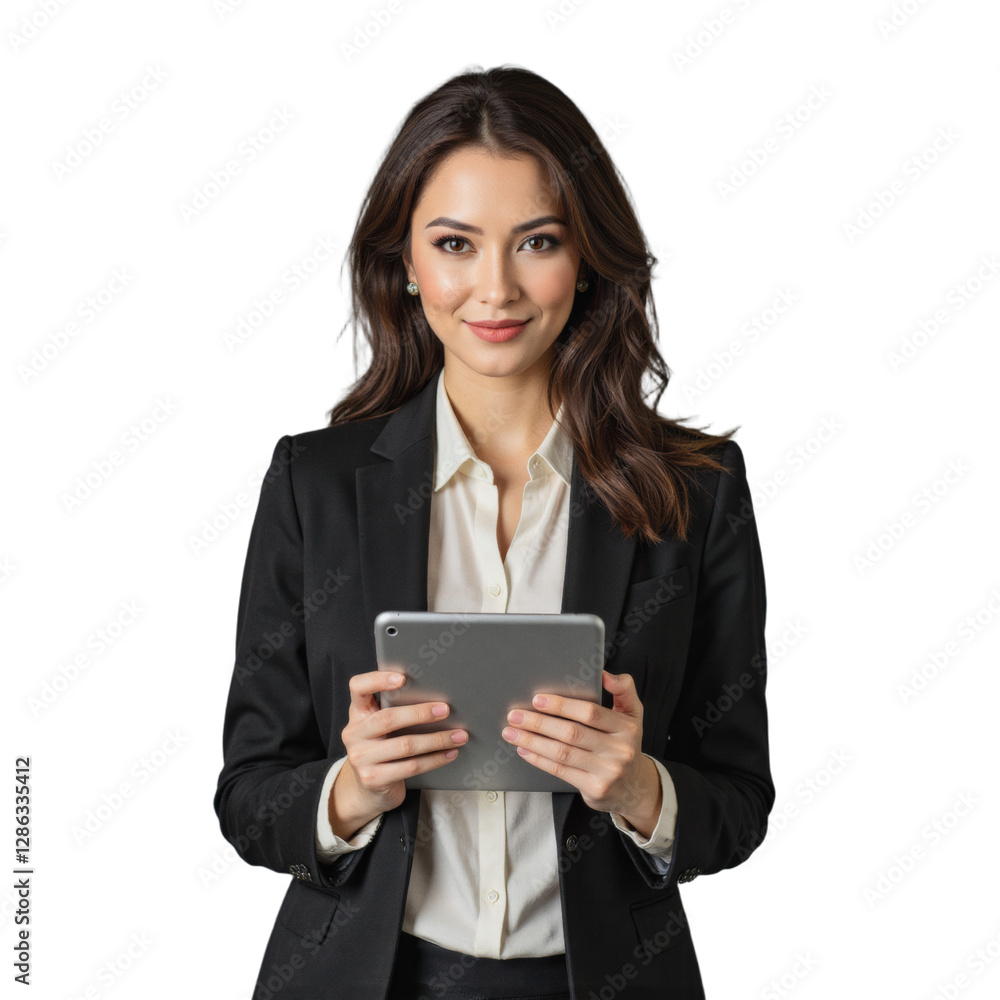 A confident professional woman wearing a black blazer, white dress shirt, and black pants poses with a silver tablet in her hands. A confident professional woman wearing a black blazer, white dress shirt, and black pants poses with a silver tablet in her hands.