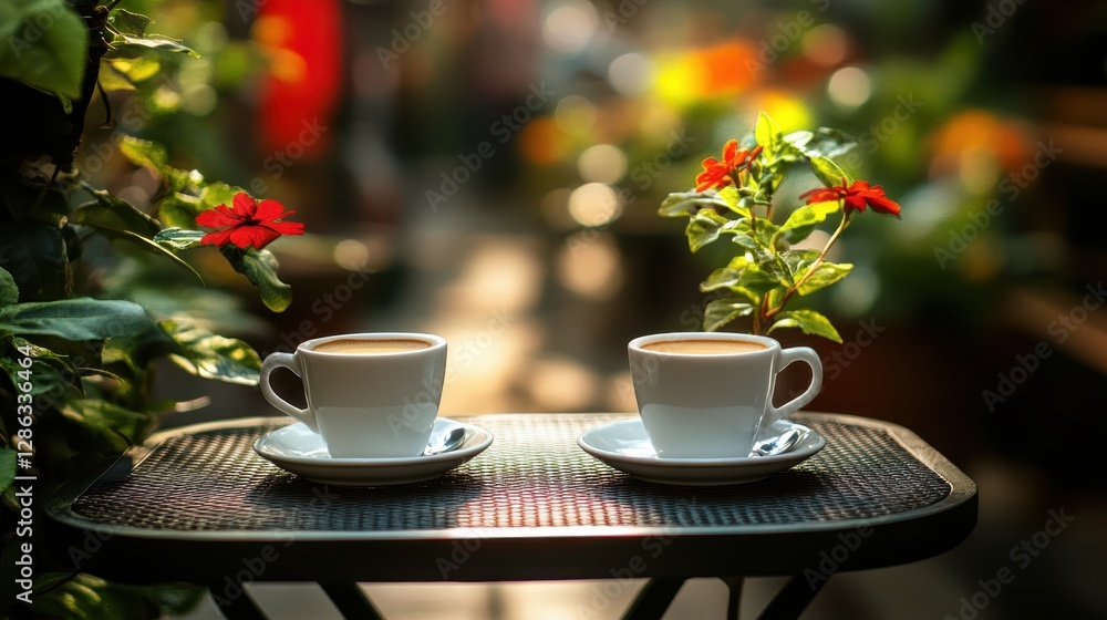 Two elegant coffee cups sit on a table adorned with fresh flowers, creating a cozy and inviting atmosphere for relaxation or conversation. Two elegant coffee cups sit on a table adorned with fresh flowers, creating a cozy and inviting atmosphere for relaxation or conversation.